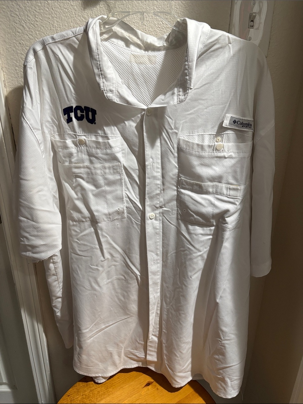 Columbia White Men's Performance Fishing Shirt with TCU Logo